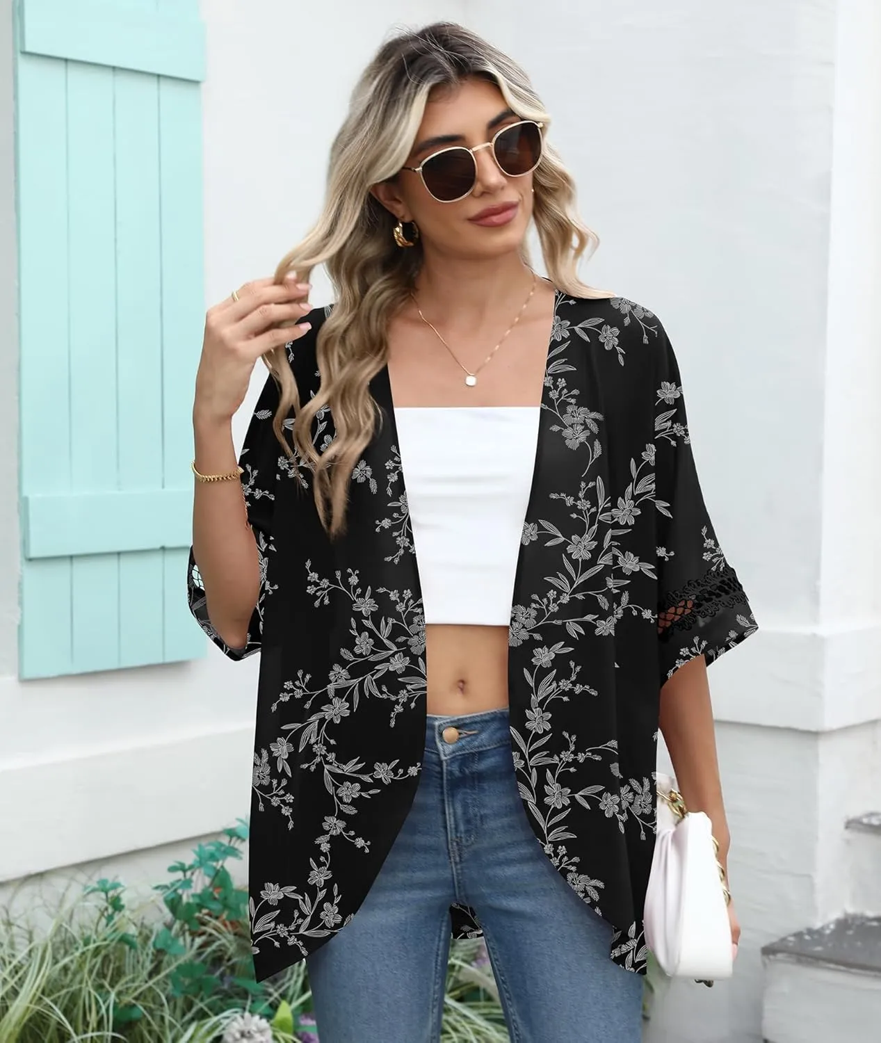 LILBETTER Women Lightweight Chiffon Kimono Cardigan Puff Sleeve with Lace Loose Beach Wear Cover Up Blouse Top
