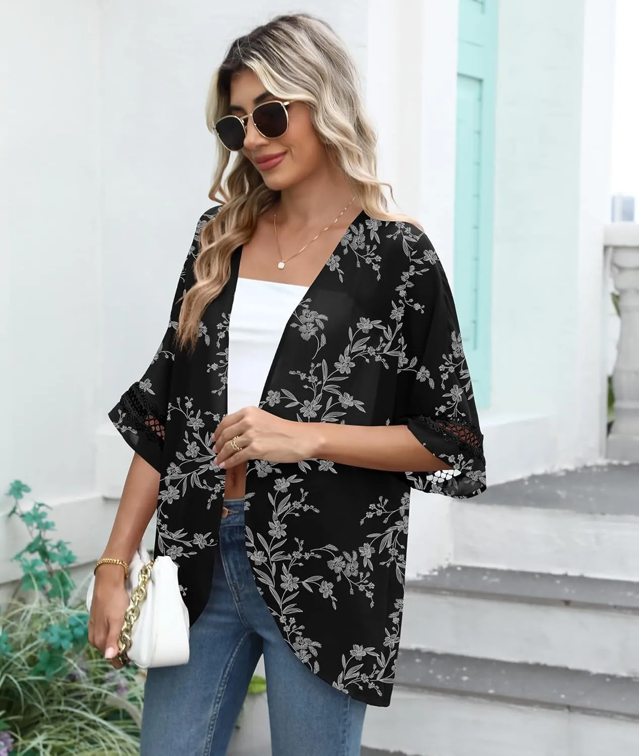 LILBETTER Women Lightweight Chiffon Kimono Cardigan Puff Sleeve with Lace Loose Beach Wear Cover Up Blouse Top