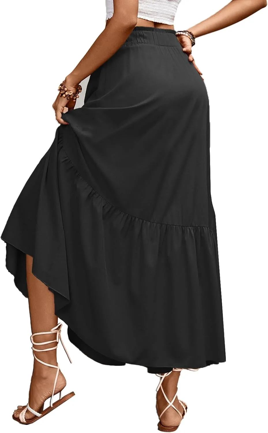 Long Skirts for Women High Elastic Waist Skirt Casual Summer Fake Drawstring Floral Pleated A Line Boho Cute Skirts 8627