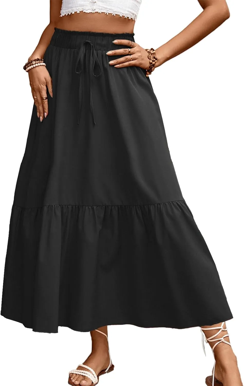 Long Skirts for Women High Elastic Waist Skirt Casual Summer Fake Drawstring Floral Pleated A Line Boho Cute Skirts 8627