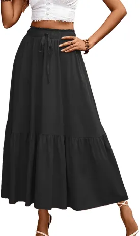 Long Skirts for Women High Elastic Waist Skirt Casual Summer Fake Drawstring Floral Pleated A Line Boho Cute Skirts 8627