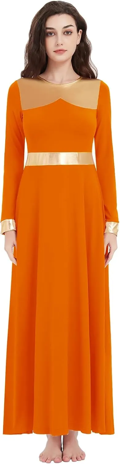 Long Sleeve Praise Dance Dress for Women Metallic Liturgical Worship Dance Costumes Lyrical Costume Church Robe