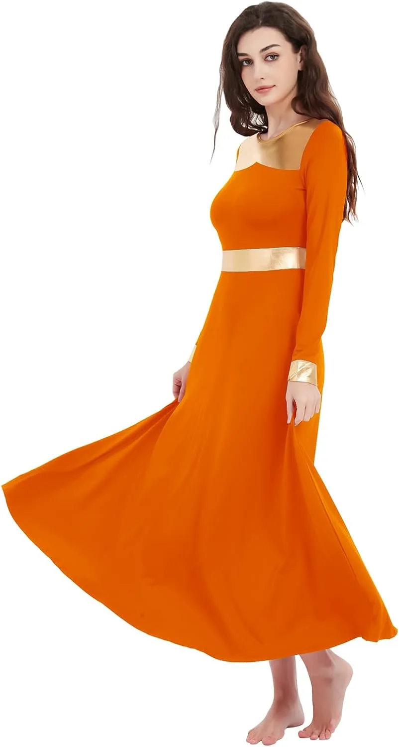 Long Sleeve Praise Dance Dress for Women Metallic Liturgical Worship Dance Costumes Lyrical Costume Church Robe