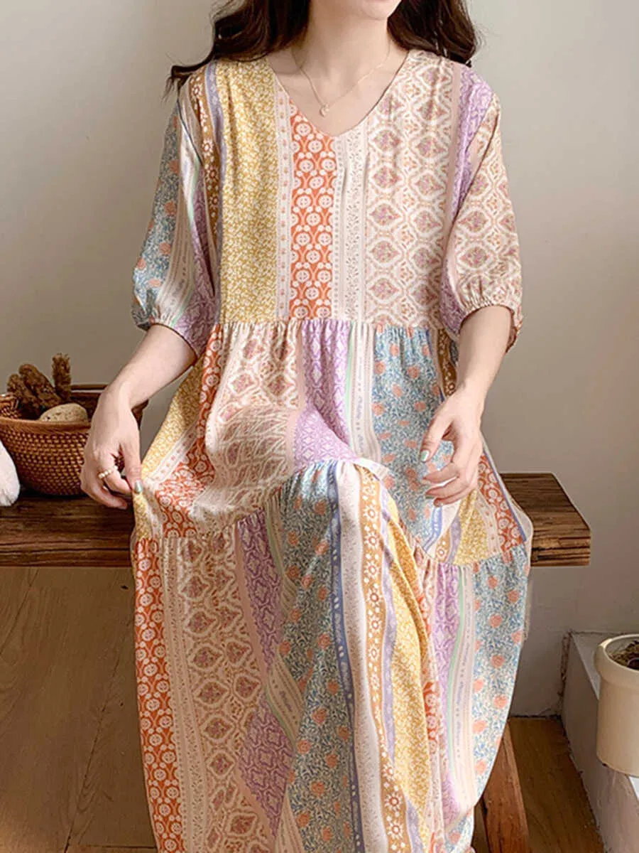 Loose Ethnic Style Pastoral Floral Nightdress