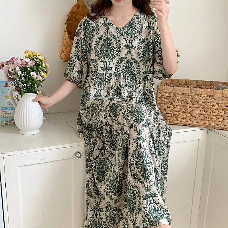 Loose Ethnic Style Pastoral Floral Nightdress