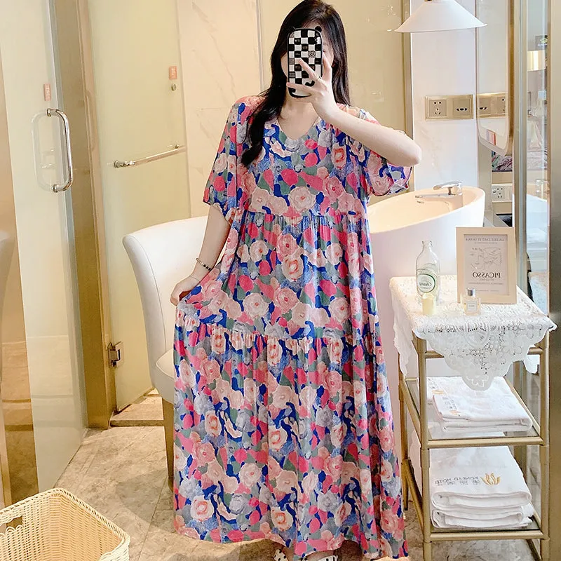 Loose Ethnic Style Pastoral Floral Nightdress
