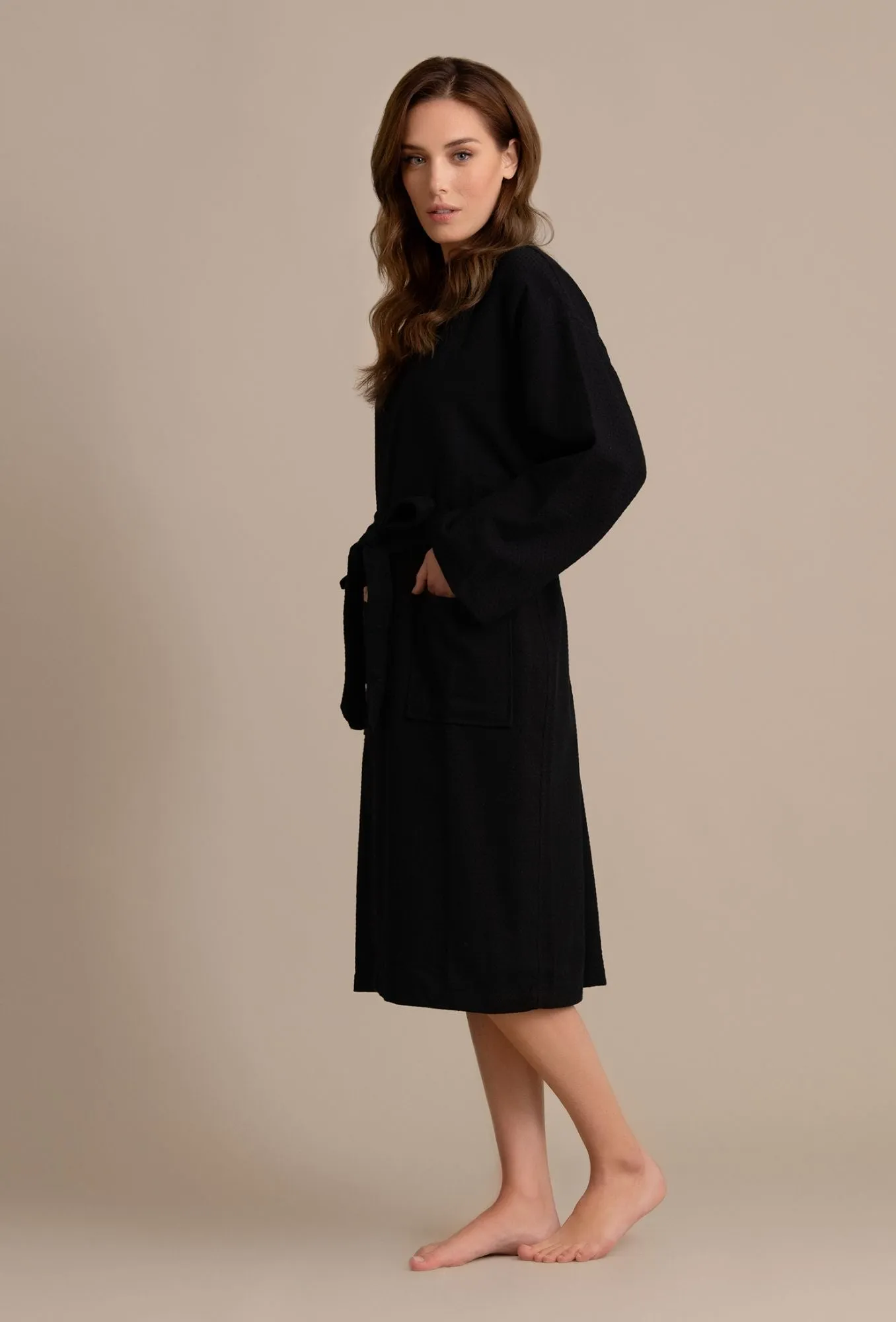 Luxurious 100% Cotton Women's Waffle Robe. Long, Lightweight Black
