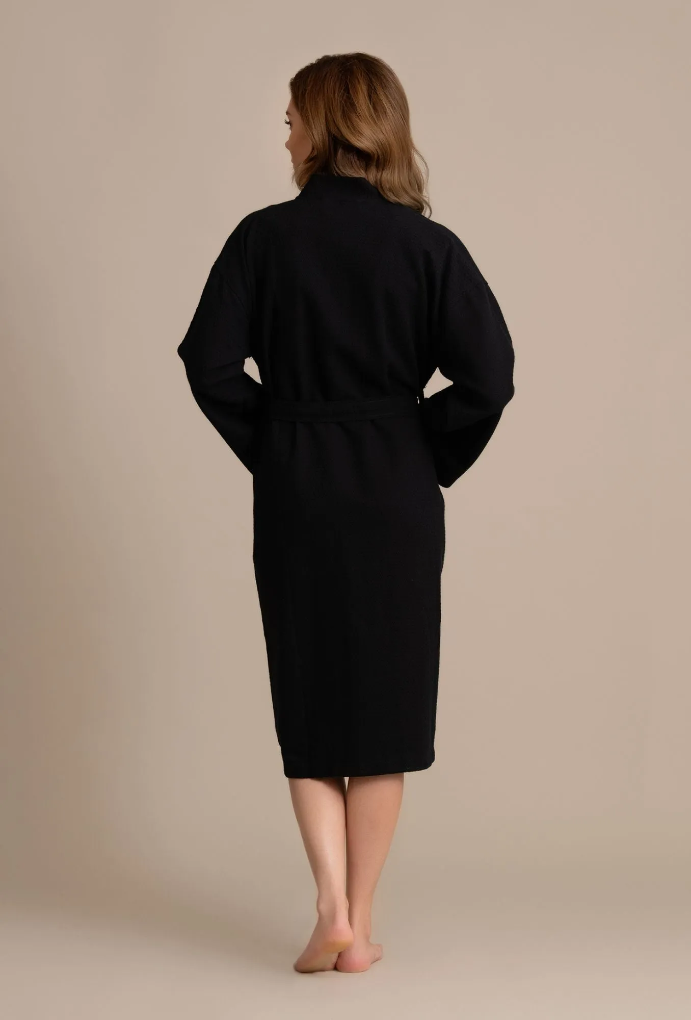 Luxurious 100% Cotton Women's Waffle Robe. Long, Lightweight Black