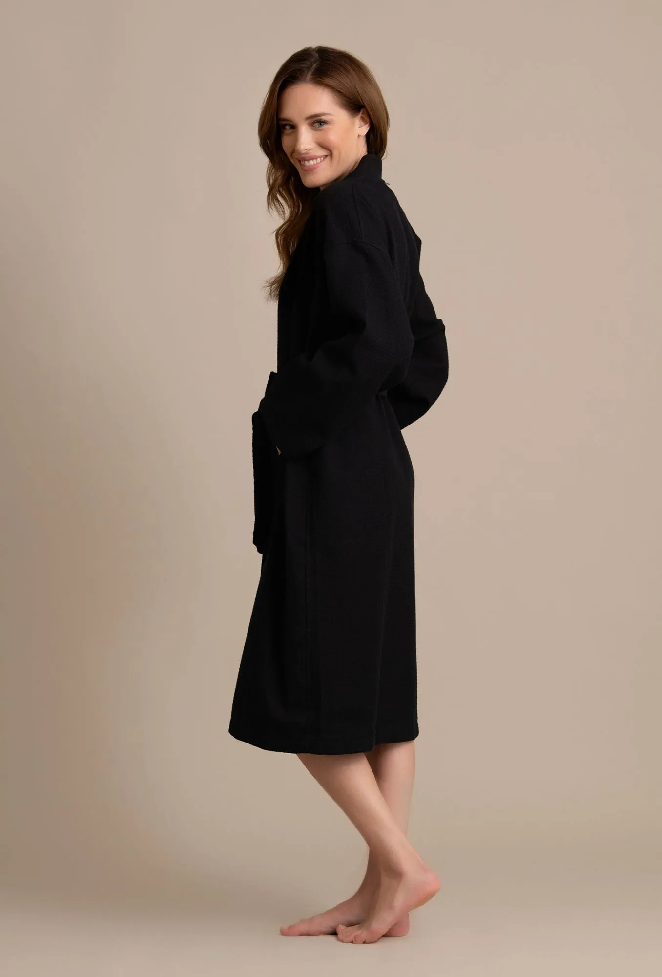 Luxurious 100% Cotton Women's Waffle Robe. Long, Lightweight Black