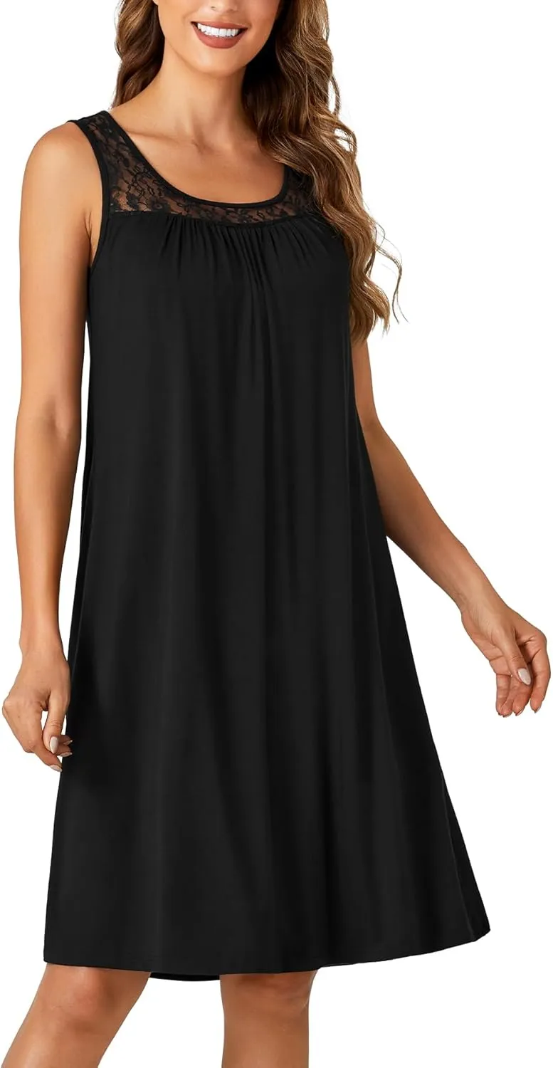 LYANER Women's Nightgown Sleeveless Sleepwear Scoop Neck Full Slip Lace Chemise Nightdress