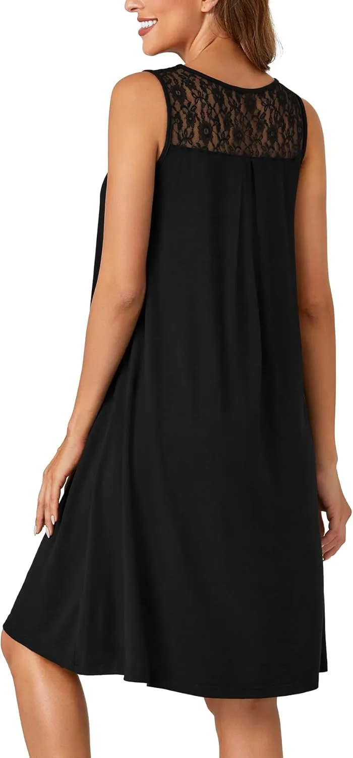 LYANER Women's Nightgown Sleeveless Sleepwear Scoop Neck Full Slip Lace Chemise Nightdress