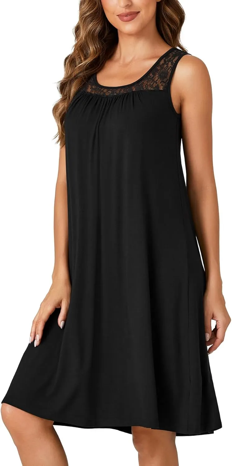 LYANER Women's Nightgown Sleeveless Sleepwear Scoop Neck Full Slip Lace Chemise Nightdress