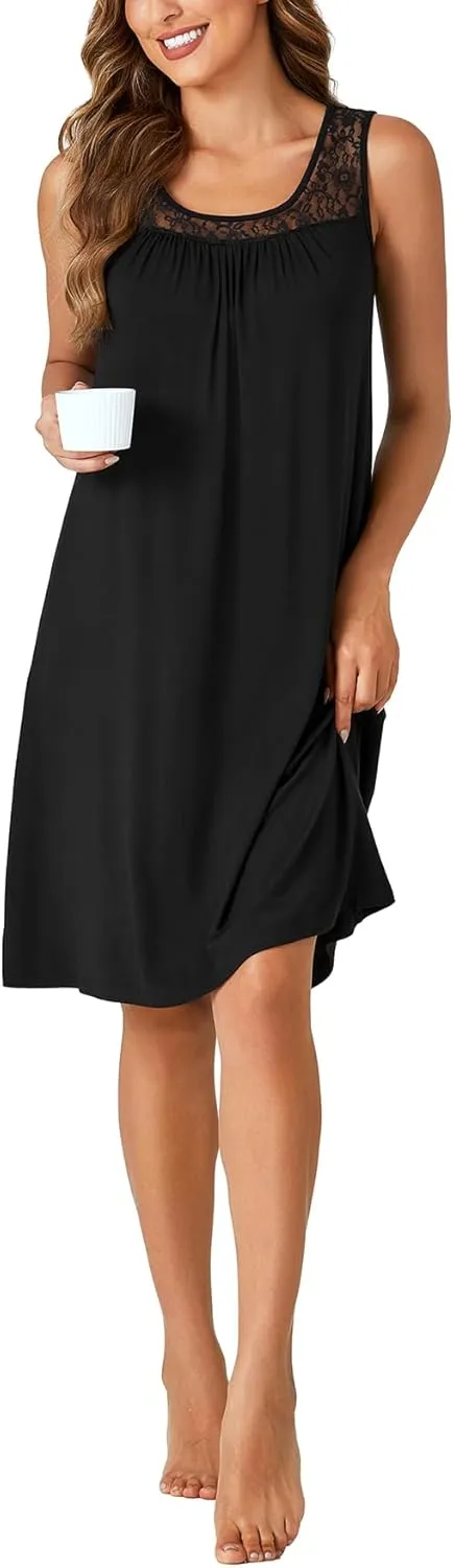 LYANER Women's Nightgown Sleeveless Sleepwear Scoop Neck Full Slip Lace Chemise Nightdress