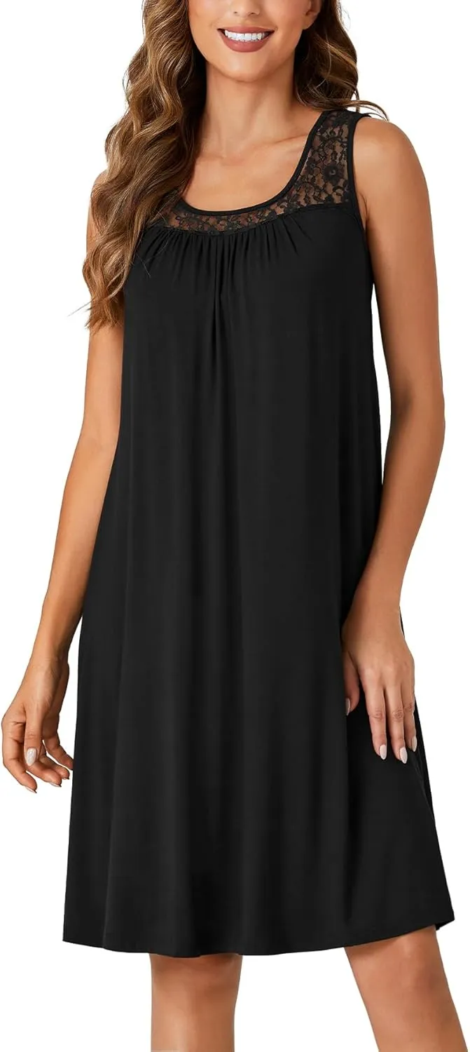 LYANER Women's Nightgown Sleeveless Sleepwear Scoop Neck Full Slip Lace Chemise Nightdress