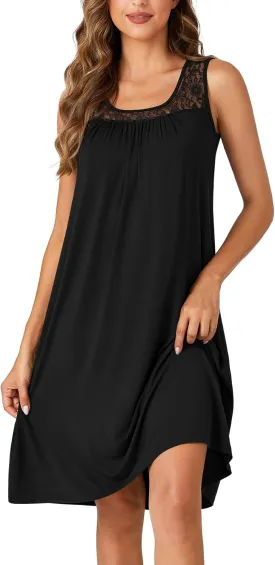 LYANER Women's Nightgown Sleeveless Sleepwear Scoop Neck Full Slip Lace Chemise Nightdress