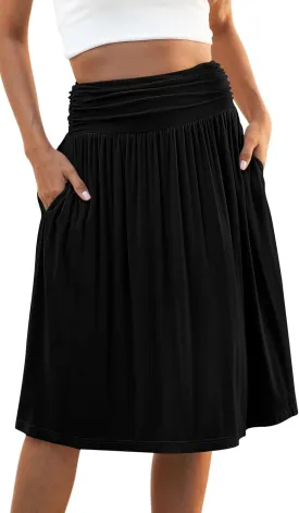 Naggoo Womens Summer Elastic High Waisted Midi Skirts Flowy Aline Knee Length Skirt with Pockets S-XXXL