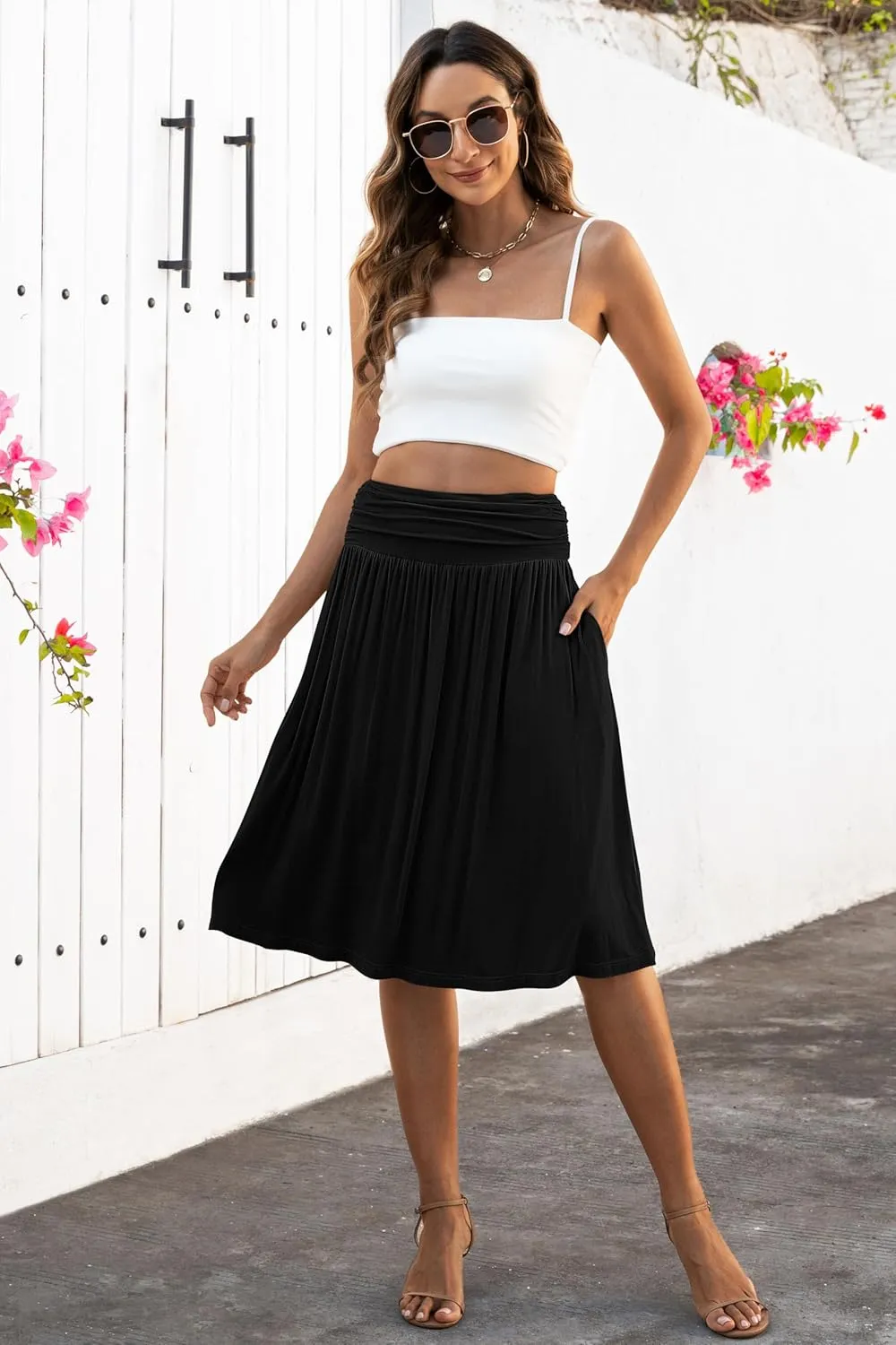 Naggoo Womens Summer Elastic High Waisted Midi Skirts Flowy Aline Knee Length Skirt with Pockets S-XXXL