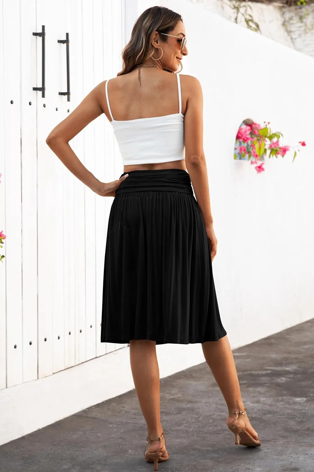 Naggoo Womens Summer Elastic High Waisted Midi Skirts Flowy Aline Knee Length Skirt with Pockets S-XXXL