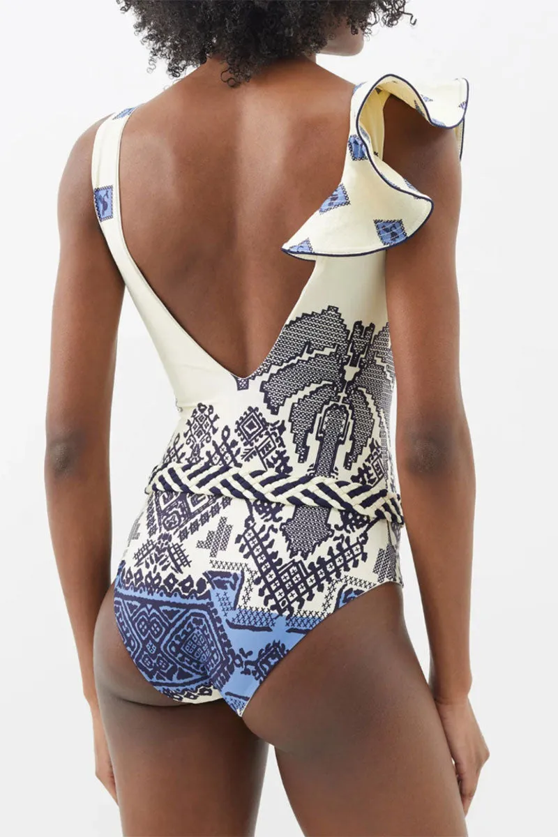 Natural Print Retro Asymmetric Ruffle One Piece Swimwear