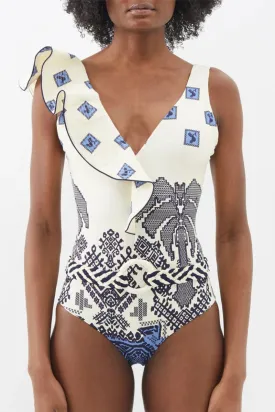 Natural Print Retro Asymmetric Ruffle One Piece Swimwear