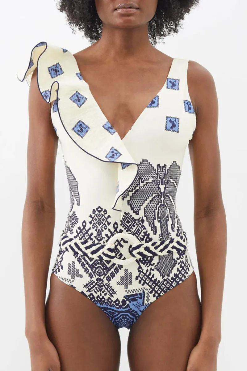 Natural Print Retro Asymmetric Ruffle One Piece Swimwear