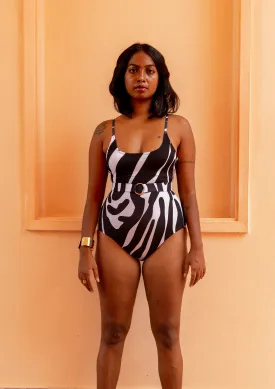 One Piece Swimsuit with Removable Belt- Noir Wave