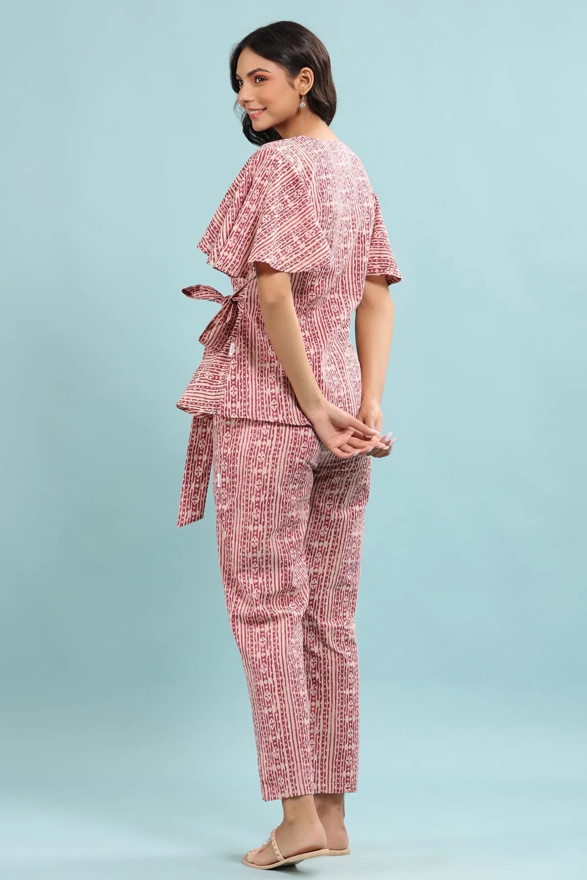 Patterned Print On Pink Loungewear Top Set