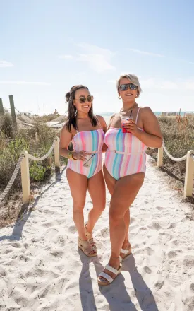 Pink Striped Belted One Piece Swimsuit - Final Sale