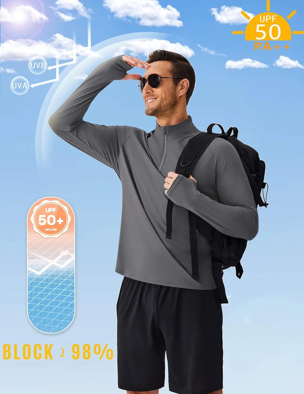 PINSPARK UV Long Sleeve Shirt for Men Quarter Zip Pullover Lightweight Rash Guard with Thumb Hole Quick Dry Workout Shirts