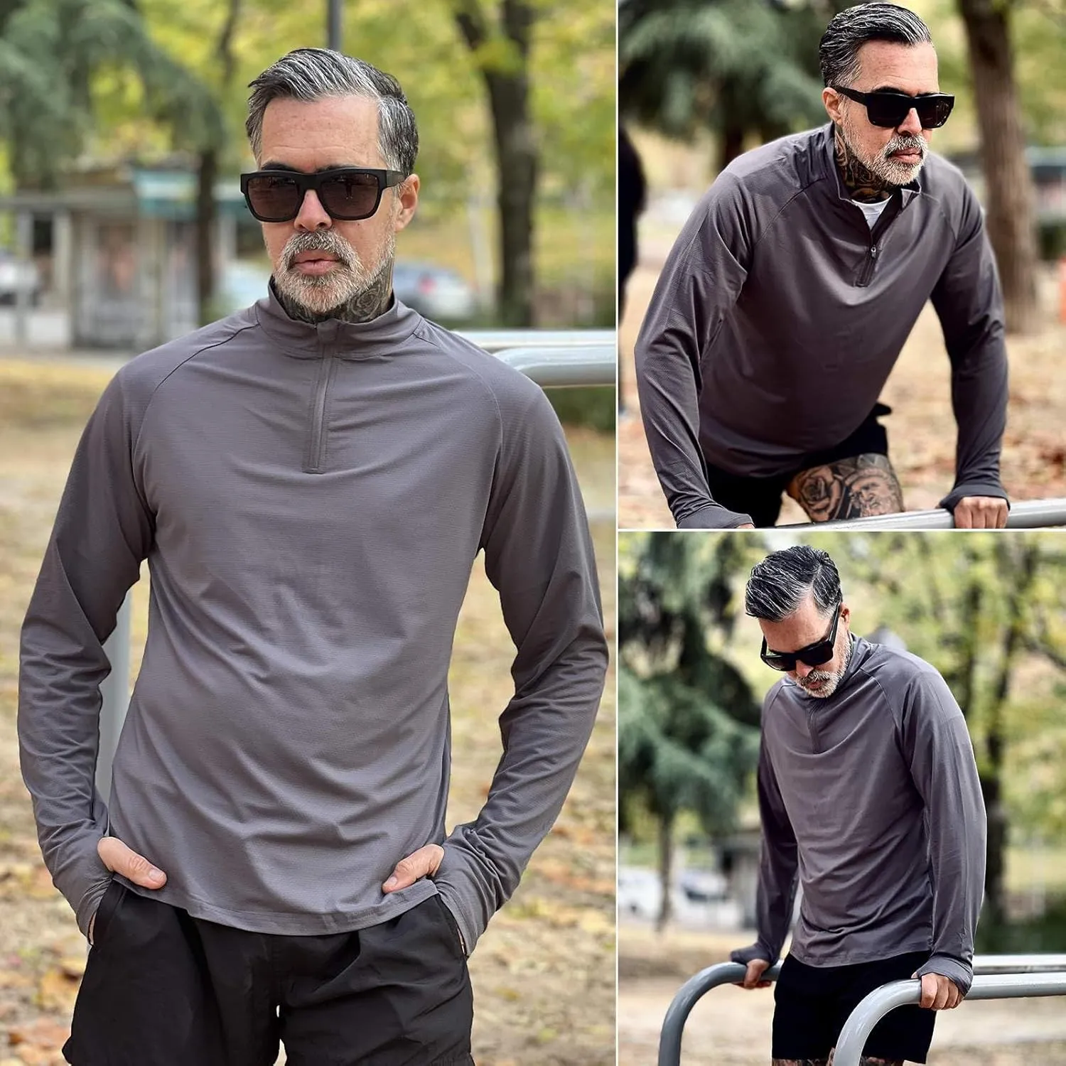 PINSPARK UV Long Sleeve Shirt for Men Quarter Zip Pullover Lightweight Rash Guard with Thumb Hole Quick Dry Workout Shirts
