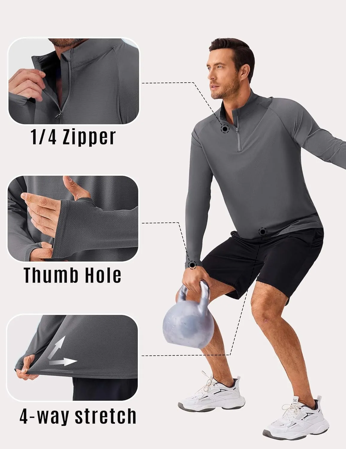 PINSPARK UV Long Sleeve Shirt for Men Quarter Zip Pullover Lightweight Rash Guard with Thumb Hole Quick Dry Workout Shirts