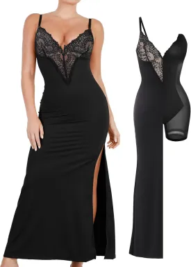 Popilush Lace Cocktail Dresses for Women - Deep V Neck Shapewear Satin high Slit Bodycon Maxi Dress - Party Date Night