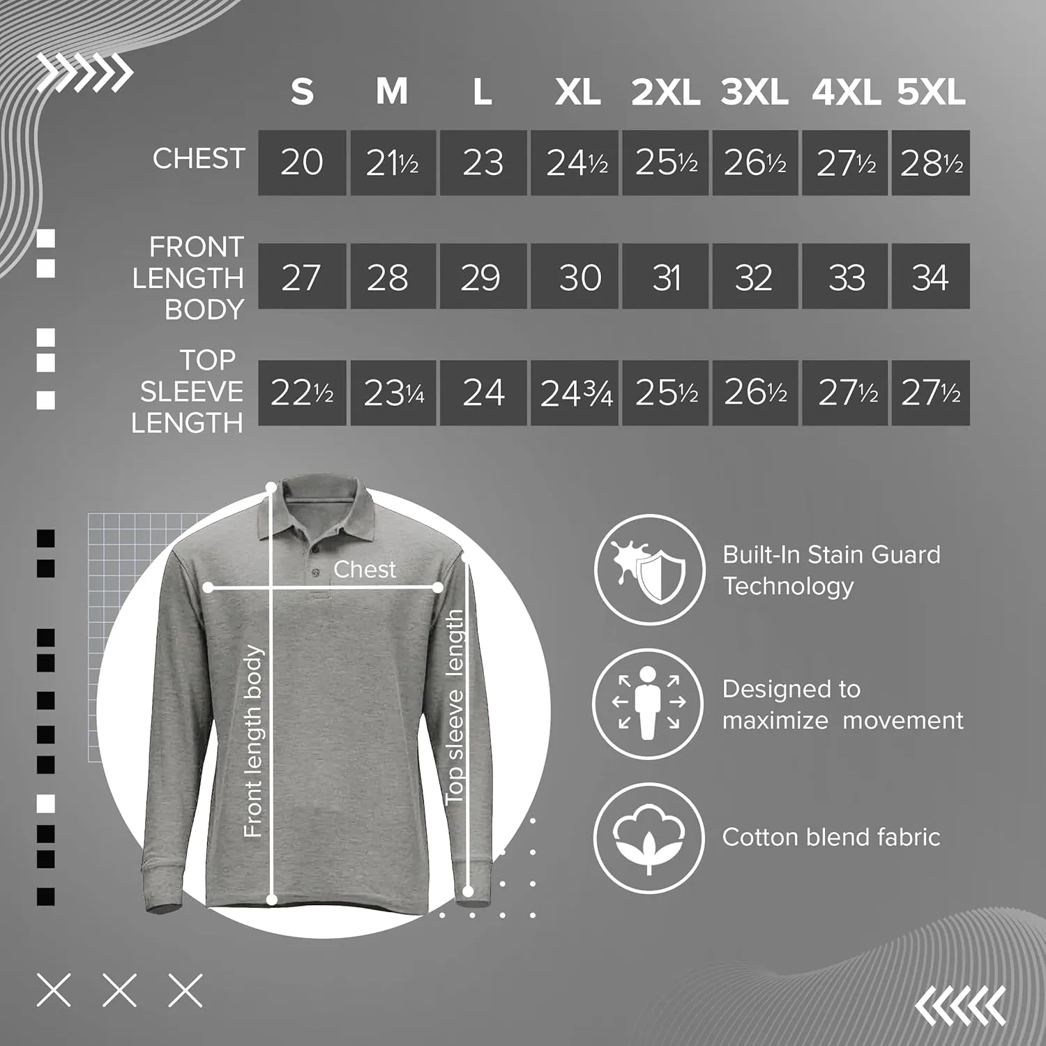 Premium Wear Long Sleeve Polo Shirt for Men, Cotton-Blend Fabric Golf Shirt with Collar, 3-Button Placket, Stain Guard