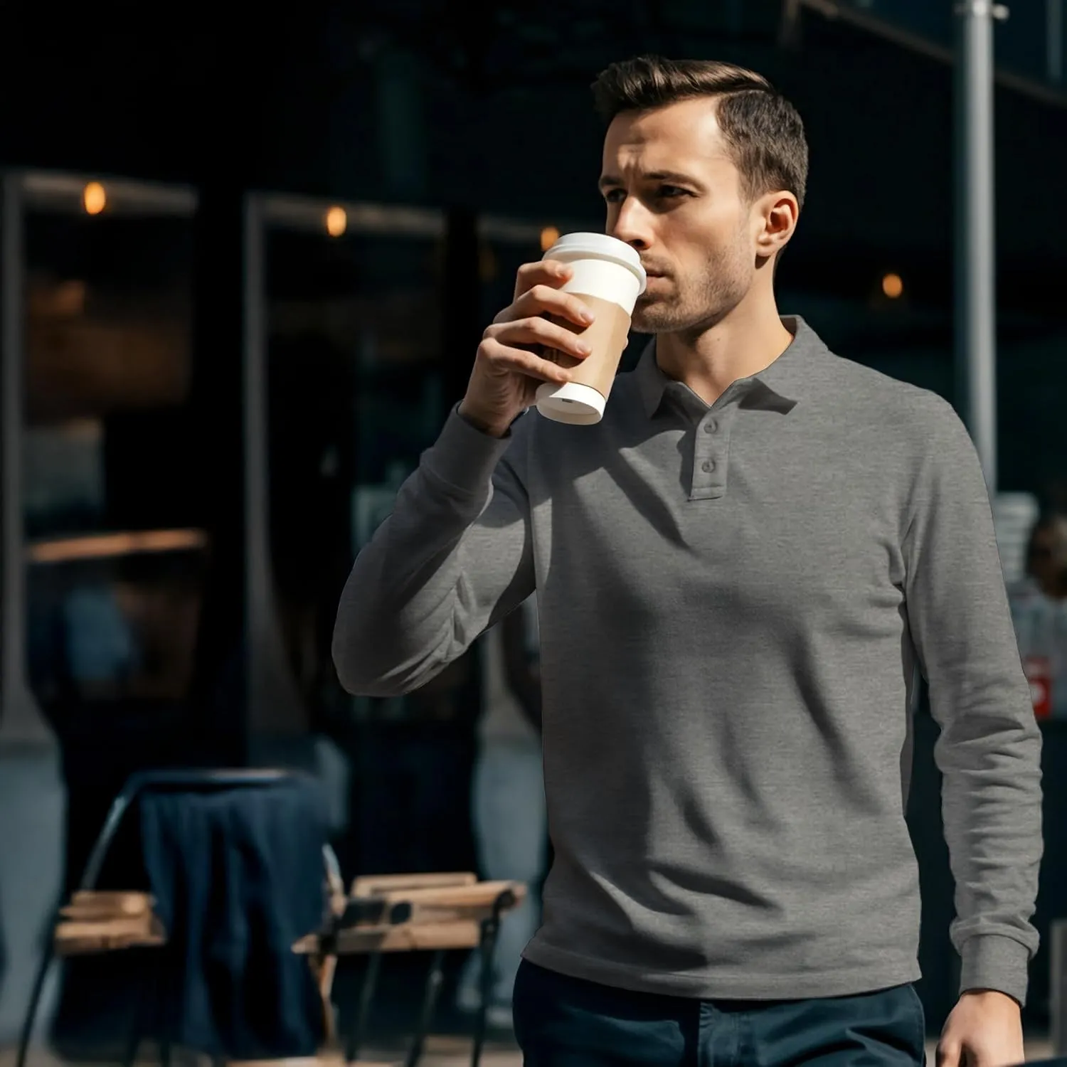 Premium Wear Long Sleeve Polo Shirt for Men, Cotton-Blend Fabric Golf Shirt with Collar, 3-Button Placket, Stain Guard