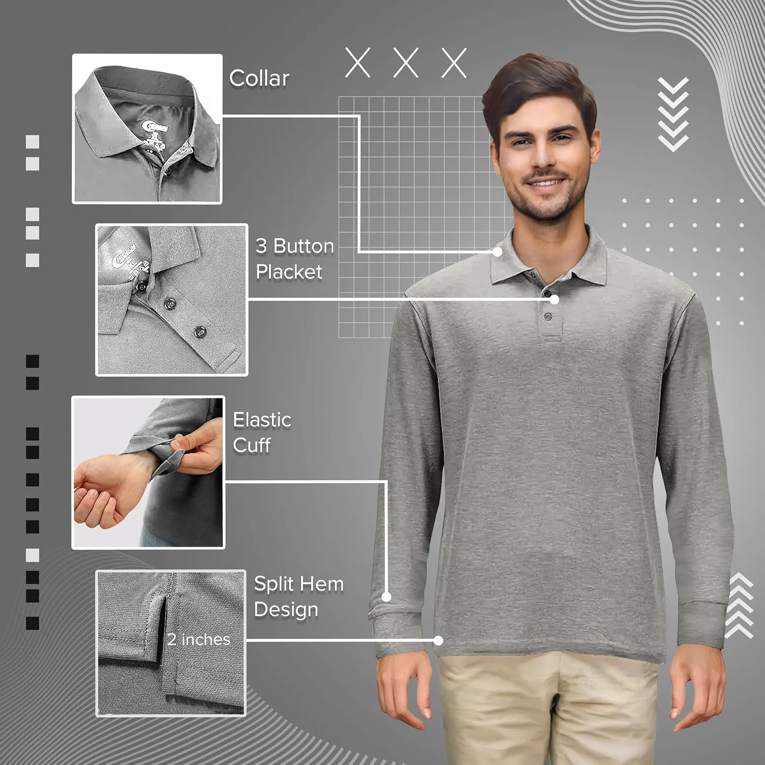 Premium Wear Long Sleeve Polo Shirt for Men, Cotton-Blend Fabric Golf Shirt with Collar, 3-Button Placket, Stain Guard