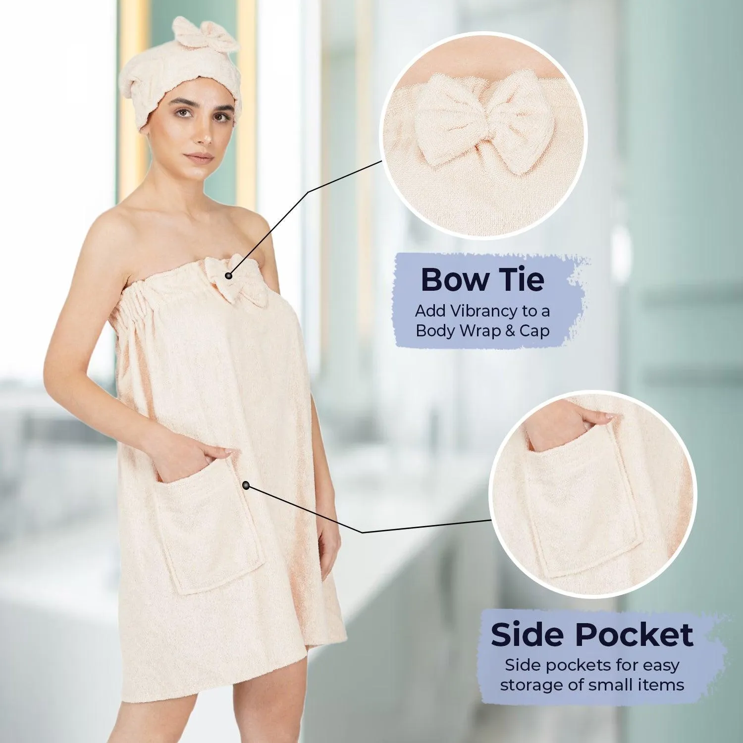 Rangoli Women Cotton Body Wrap Bath Towel With Shower Cap