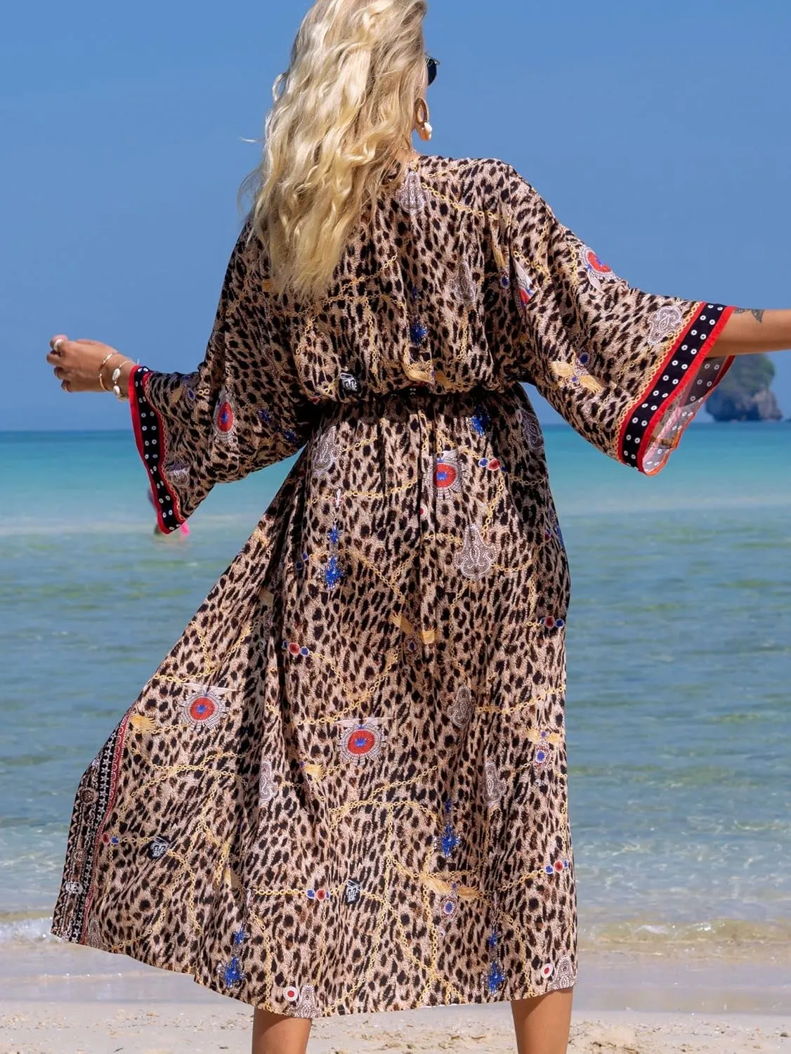 RanRui Womenloose Kimono Duster Beach Blouse Long Beach Kimono Robe Cover ups Kimonos for Women