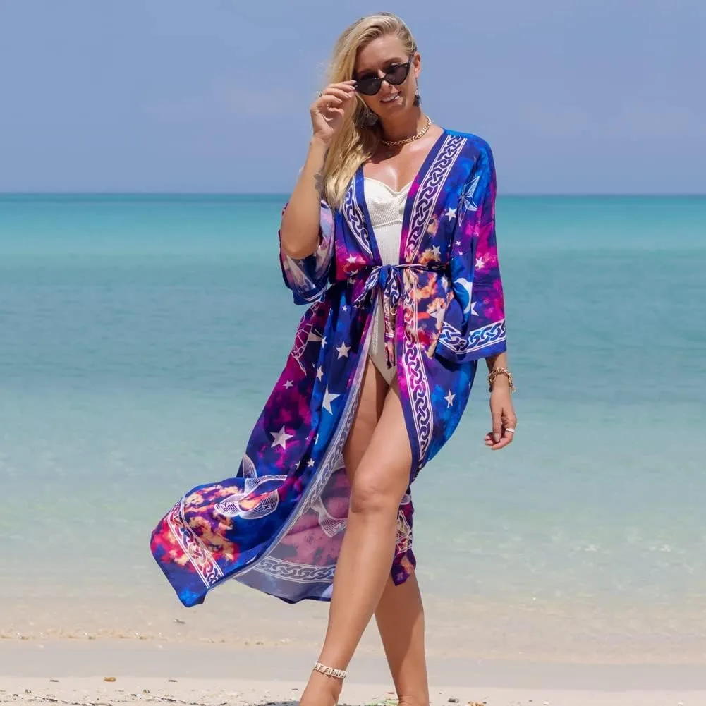 RanRui Womenloose Kimono Duster Beach Blouse Long Beach Kimono Robe Cover ups Kimonos for Women