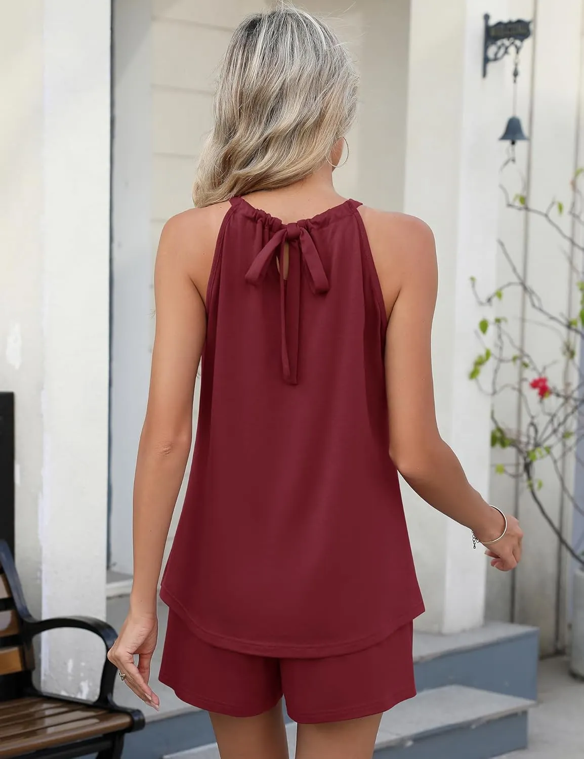 Rapbin 2 Piece Short Sets for Women Casual Vacation Summer Outfits Sleeveless Halter Tops Loose Fit