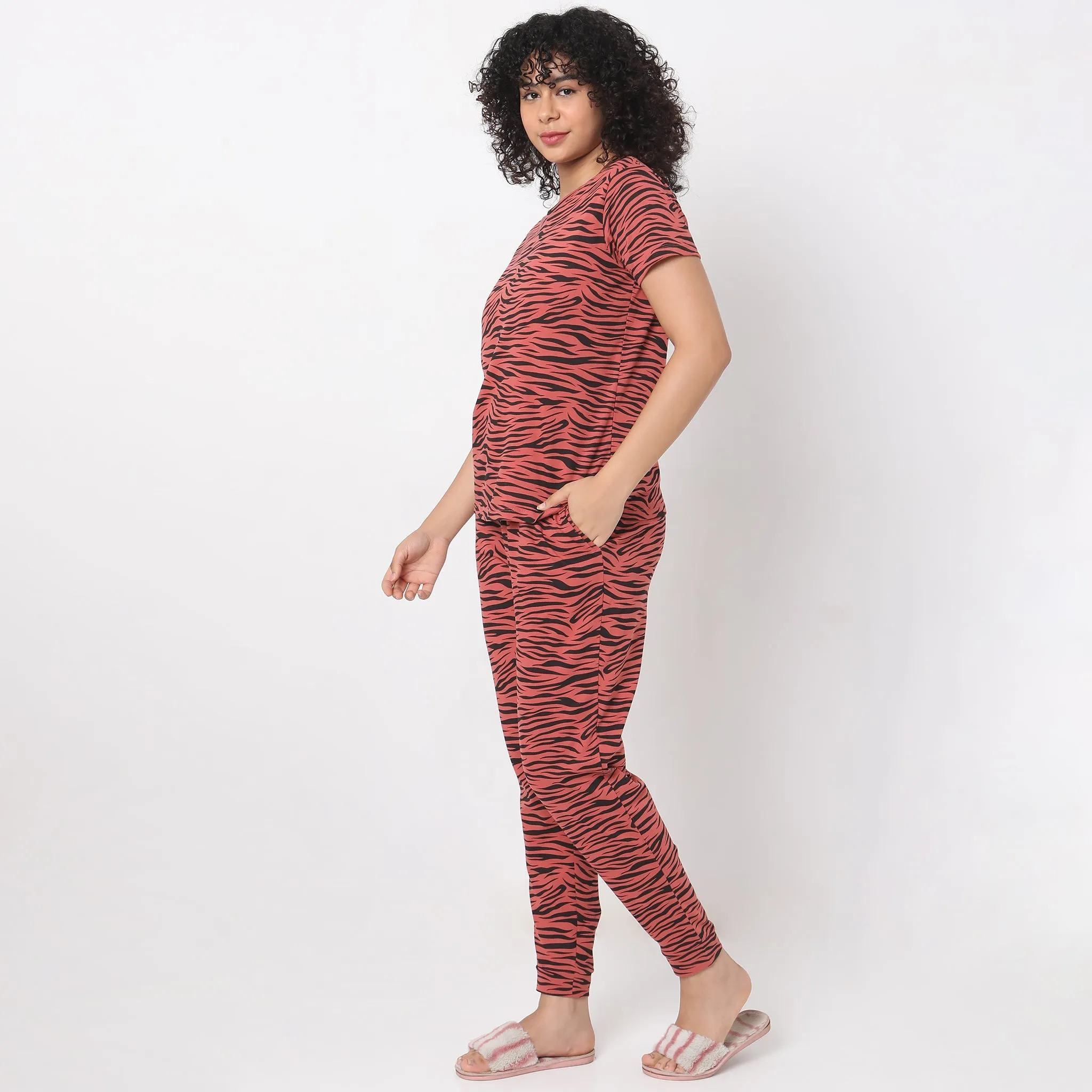 Regular Fit Animal Print Top with Joggers Sleepwear Set
