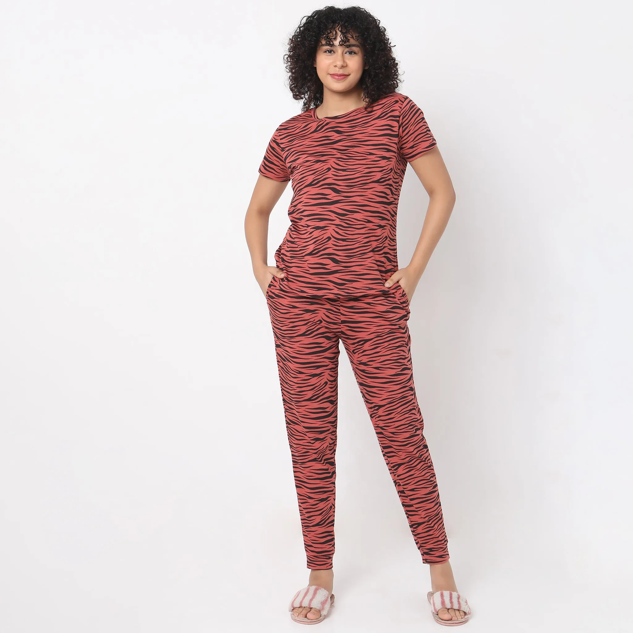 Regular Fit Animal Print Top with Joggers Sleepwear Set