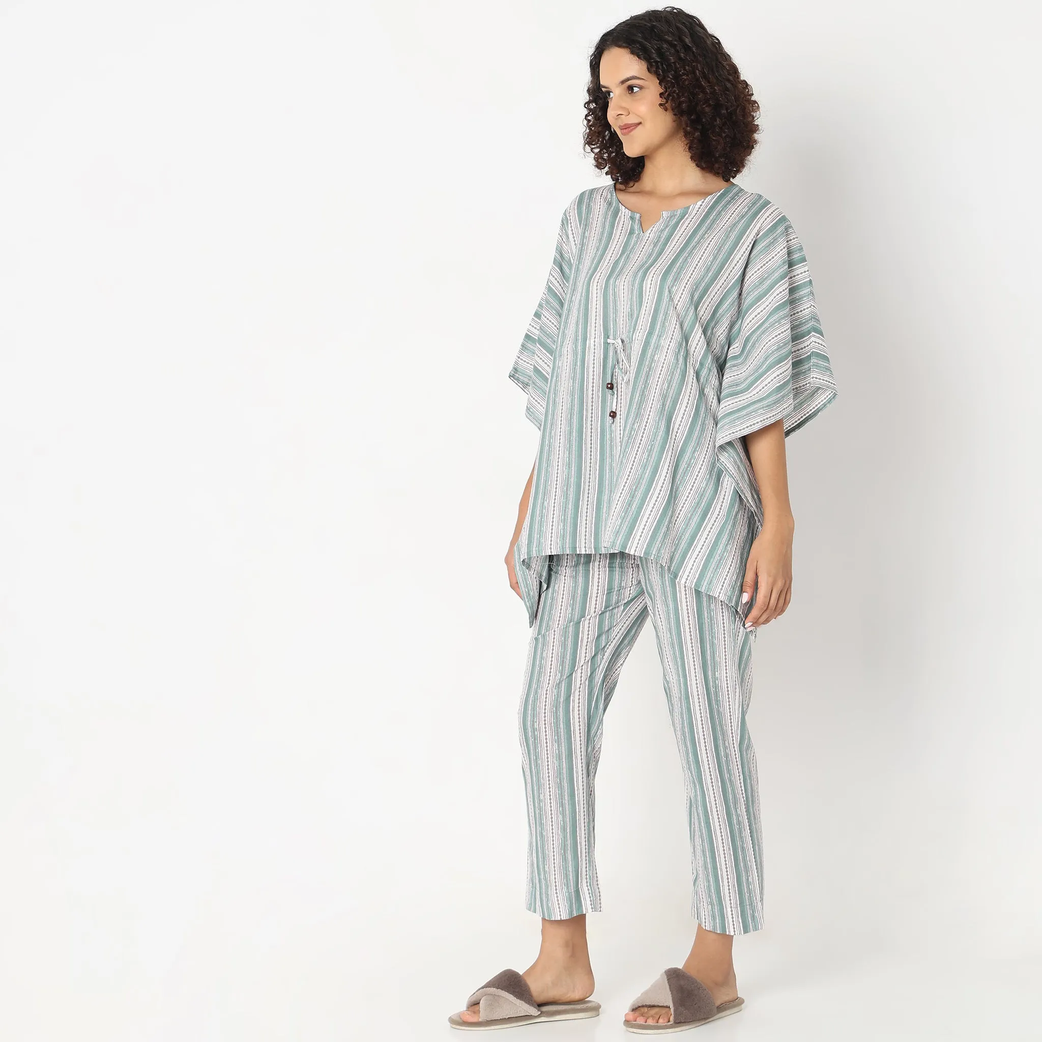 Regular Fit Printed Kaftan with Pyjama Sleepwear Set