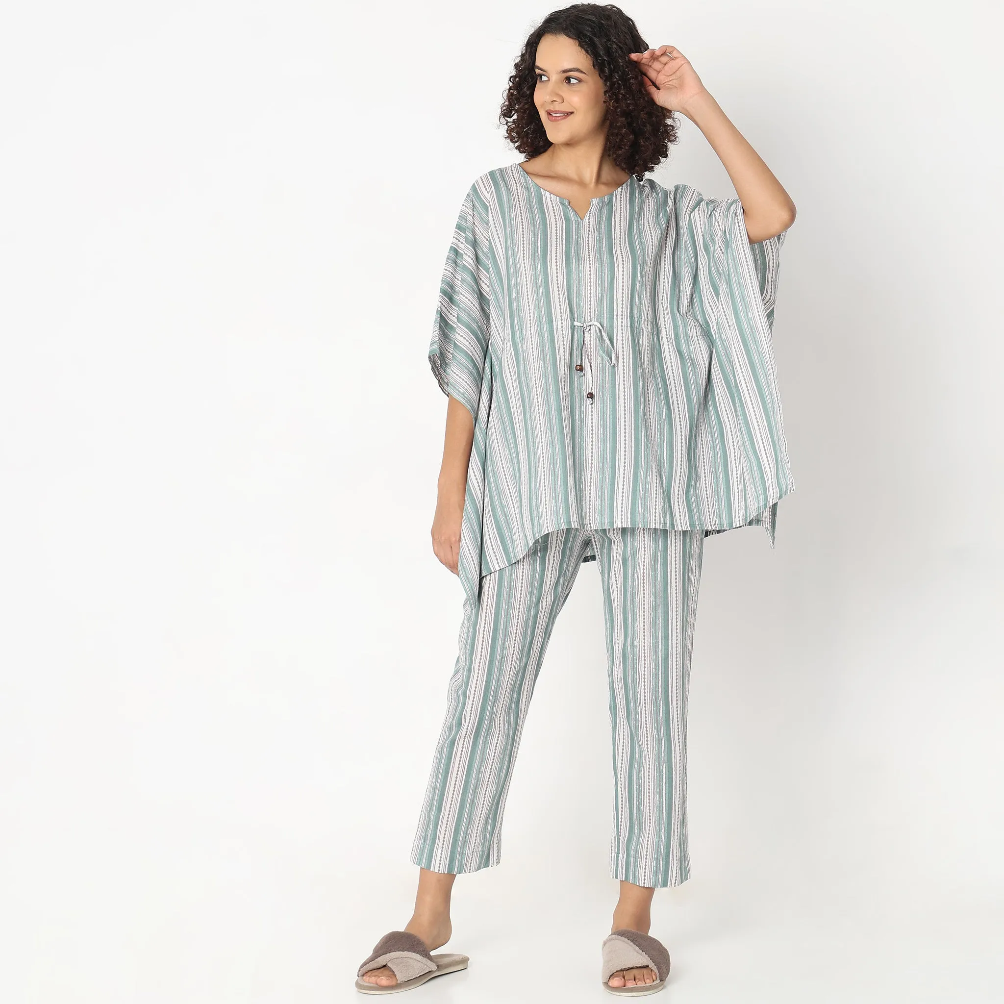 Regular Fit Printed Kaftan with Pyjama Sleepwear Set
