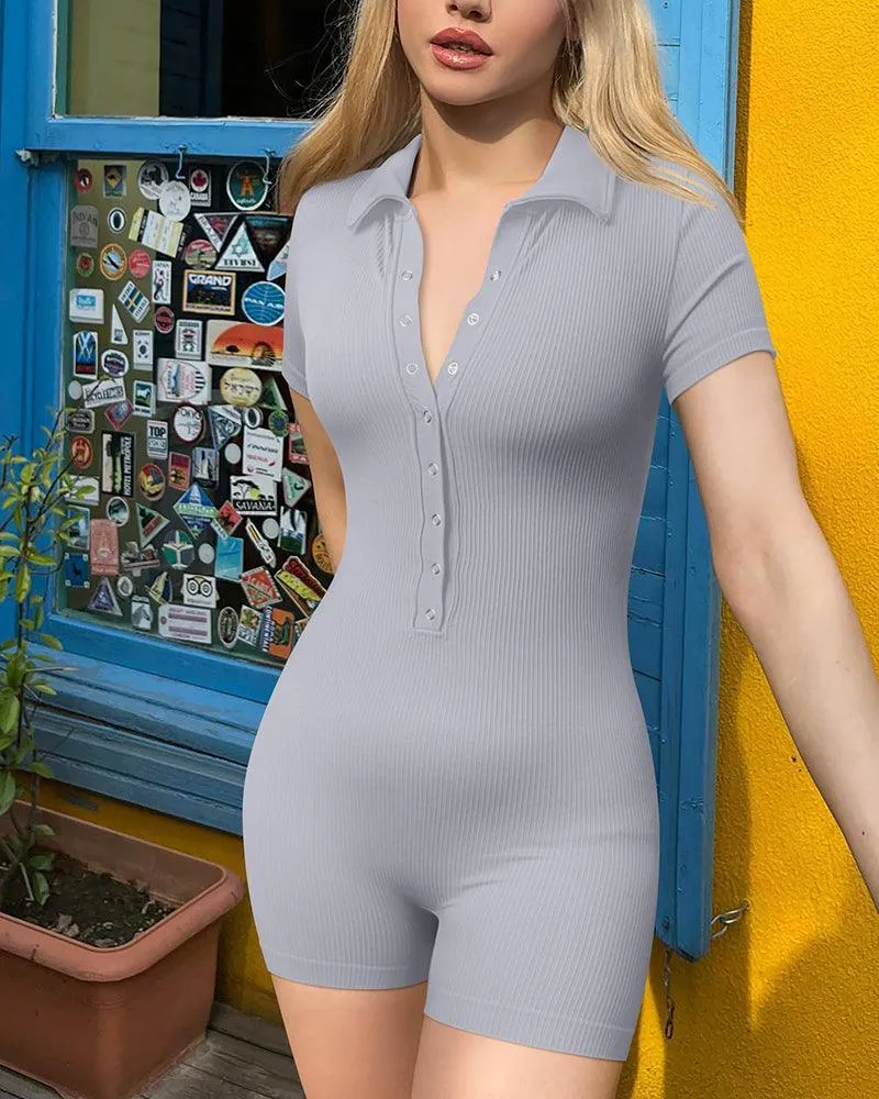Ribbed V Neck Stretch Tummy Control Exercise Rompers
