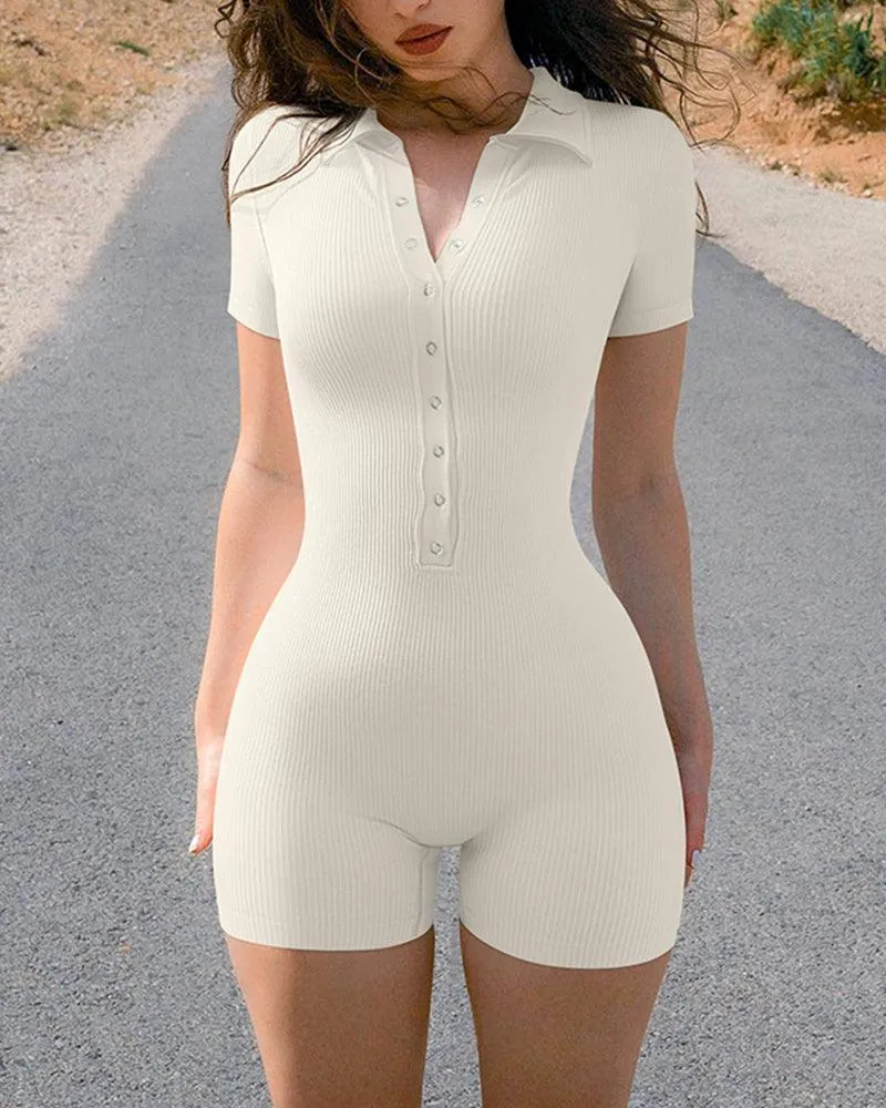 Ribbed V Neck Stretch Tummy Control Exercise Rompers