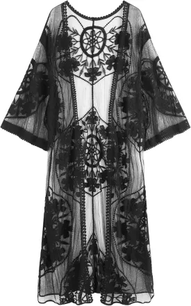 Romanstii Women's Lace Cardigan Floral Crochet Sheer Beach Cover Ups Long Kimono