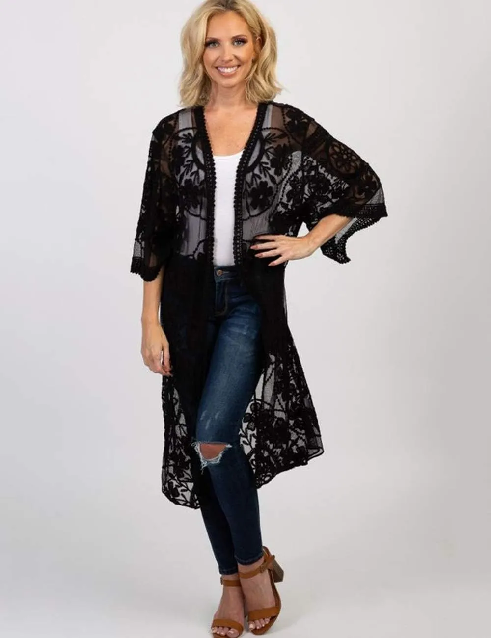 Romanstii Women's Lace Cardigan Floral Crochet Sheer Beach Cover Ups Long Kimono