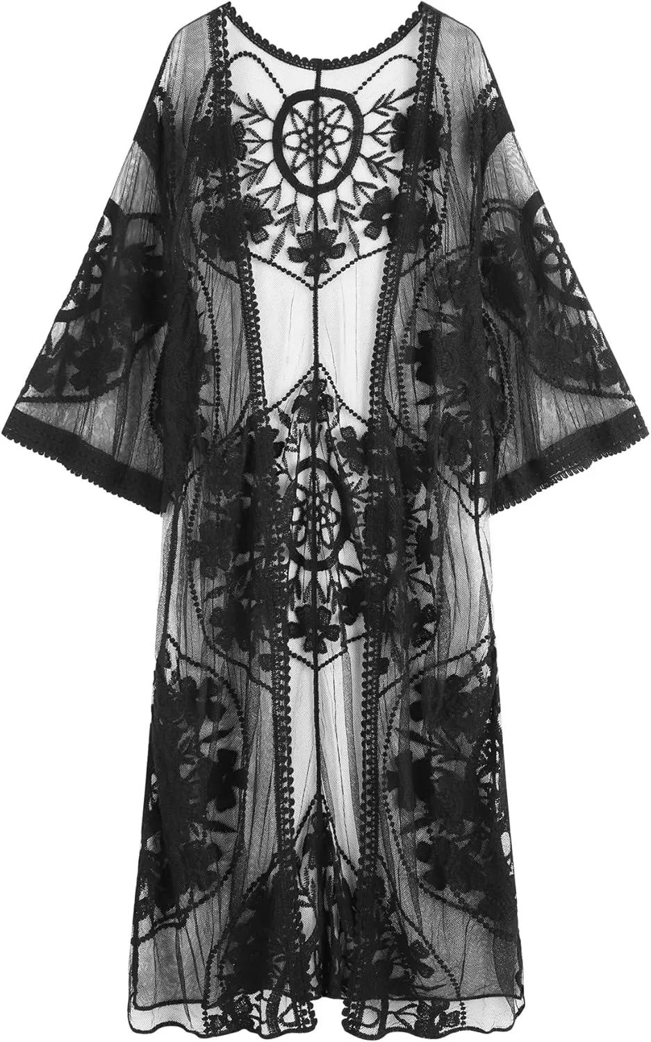 Romanstii Women's Lace Cardigan Floral Crochet Sheer Beach Cover Ups Long Kimono