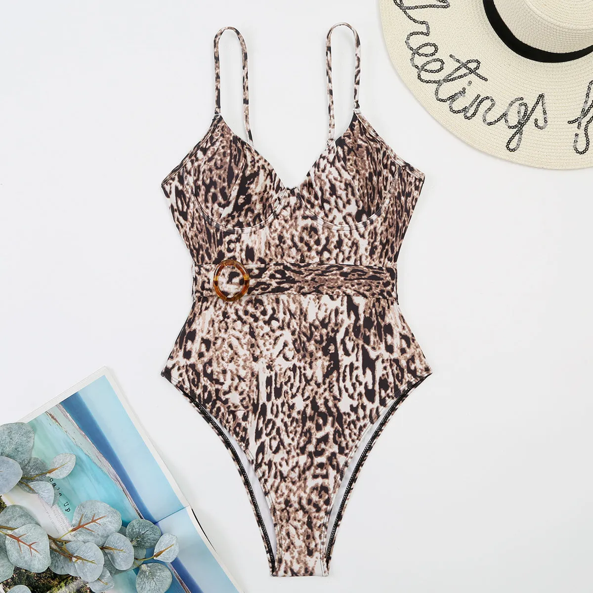 Sleeveless Spaghetti Strap Leopard Print Belted Wholesale One Piece Sets