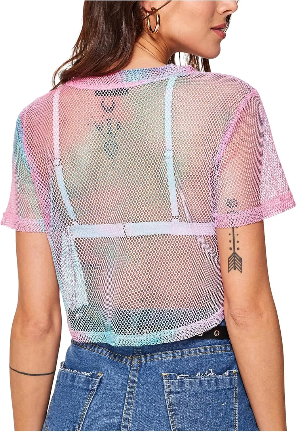 SweatyRocks Women's Sexy Sheer Mesh Fishnet Net Short Sleeve T-Shirt Crop Top